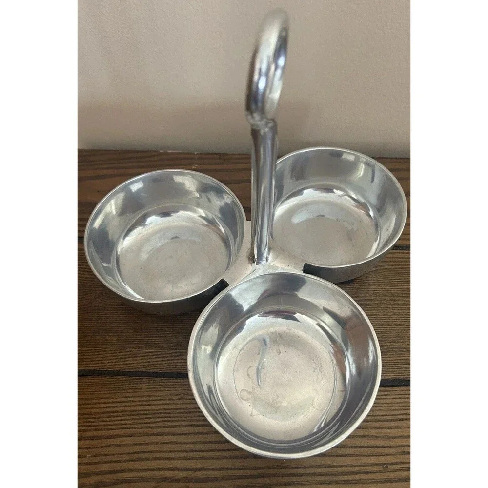Pottery Barn Barona 3 section serving condiment bowls Aluminum Large Hosting